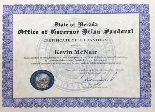 McNair Receives Nevada Governors Recognition for Firearms Safety Achievements