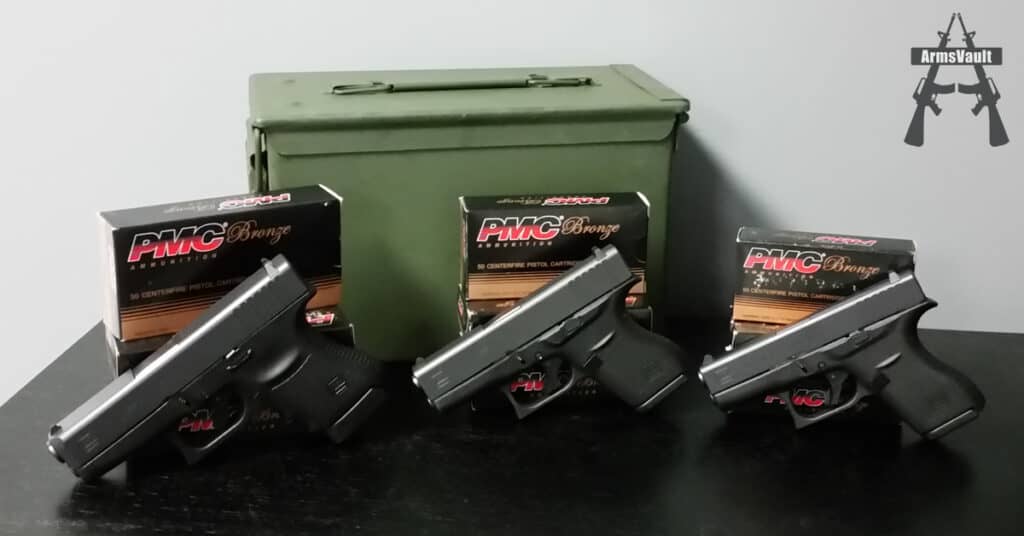 Glock Slimline Pistols with PMC Bronze Ammo